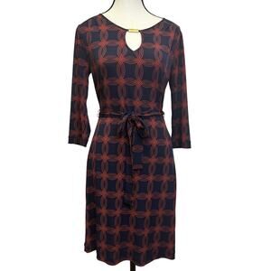 Banana Republic XS Navy Blue & Coral Geometric Print Dress - Keyhole Neckline
